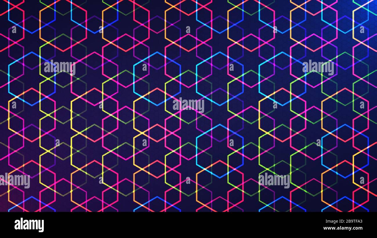 EID Mubarak Mosaik Hintergrund. Vektordarstellung abstrakter Lichthintergrund mit leuchtendem, neonfarbenem, geometrisch-islamischen Muster Stock Vektor
