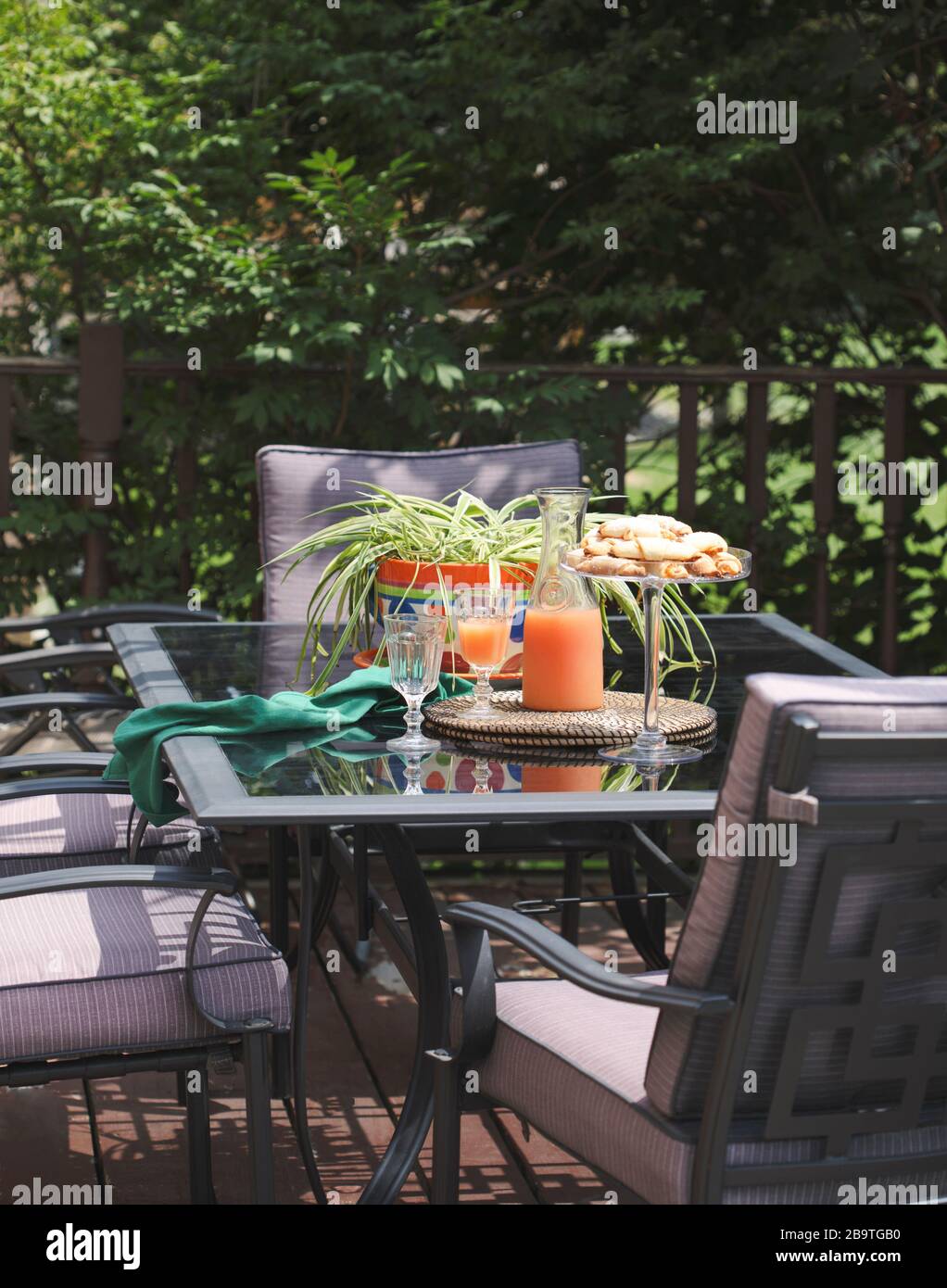 Grapefruitsaft im Krug auf dem Tisch im Garten. Stockfoto