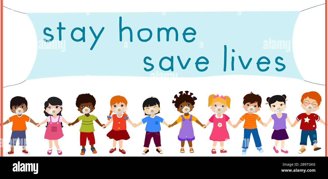Isolierte Gruppen multiethnische Kinder und verschiedene Kulturen mit medizinischer Maske, die ein Banner mit der Aufschrift "Leben nach Hause retten" aufhält. Quarantäne Coronavirus i Stock Vektor