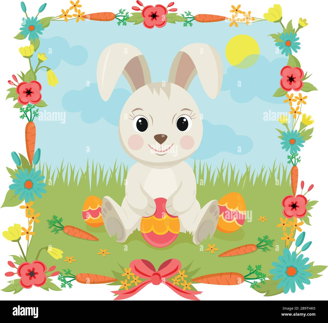 Hase mit Osterei voller dekorierter Blumen und Karottenrahmen Stock Vektor