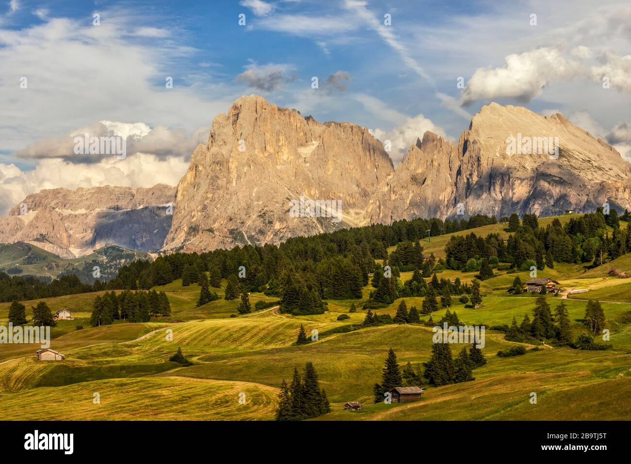 Italien Südtirol - Sciliar - Naturpark Catinaccio - Landschaft auf der Seiser Alm mit der herrlichen Landschaft von Sassolungo und Sassopiatto Stockfoto