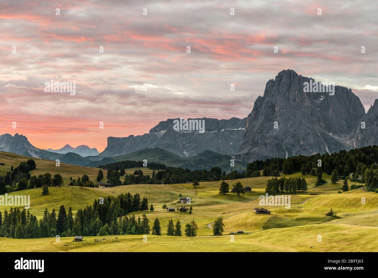 Italien Südtirol - Sciliar - Naturpark Catinaccio - Landschaft auf der Seiser Alm mit der herrlichen Landschaft von Sassolungo und Sassopiatto Stockfoto