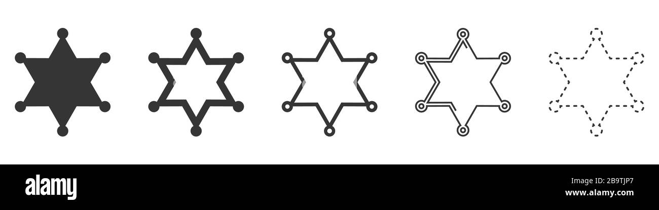Symbole für Sheriff-Sternenvektoren. Satz Sternsymbole auf weißem Hintergrund. Vektorgrafiken. Verschiedene schwarze Sheriffstars Stock Vektor