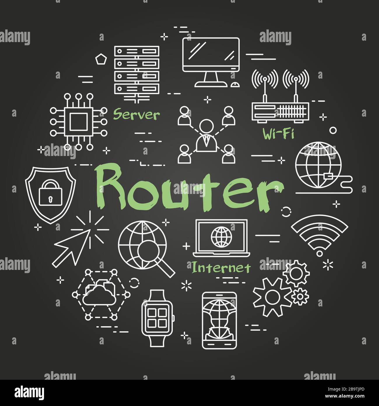 Vector Black Line rund um den Internet-Router Konzept Stock Vektor