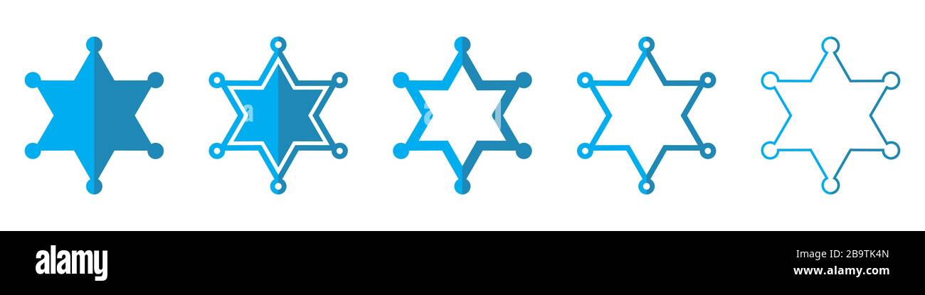 Sheriff Star Vektorsymbole. Satz Sternsymbole auf weißem Hintergrund. Vektorgrafiken. Verschiedene blaue Sheriff Stars Stock Vektor