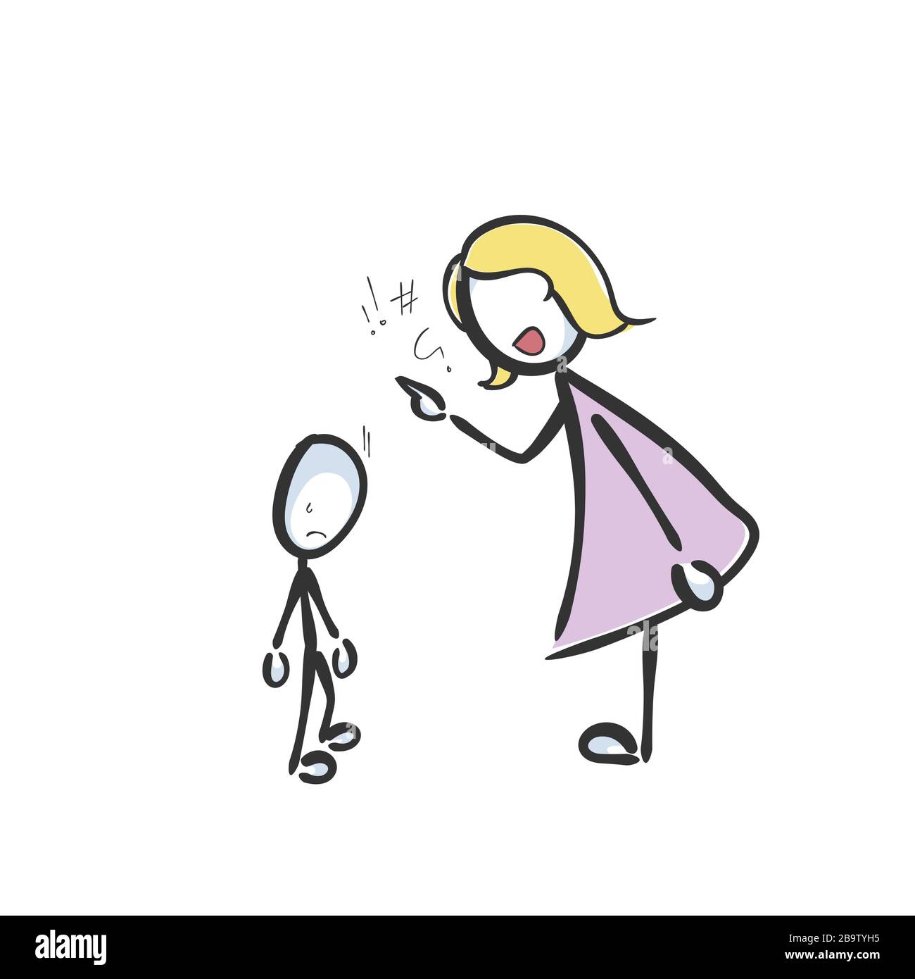 Häusliche Gewalt. Mutter bestraft Kind. Mama erzieht und ruft bei Kid. Hand gezogen. Stickiger Zeichentrickfilm. Doodle Skizze, Vector Graphic Illustration Stock Vektor