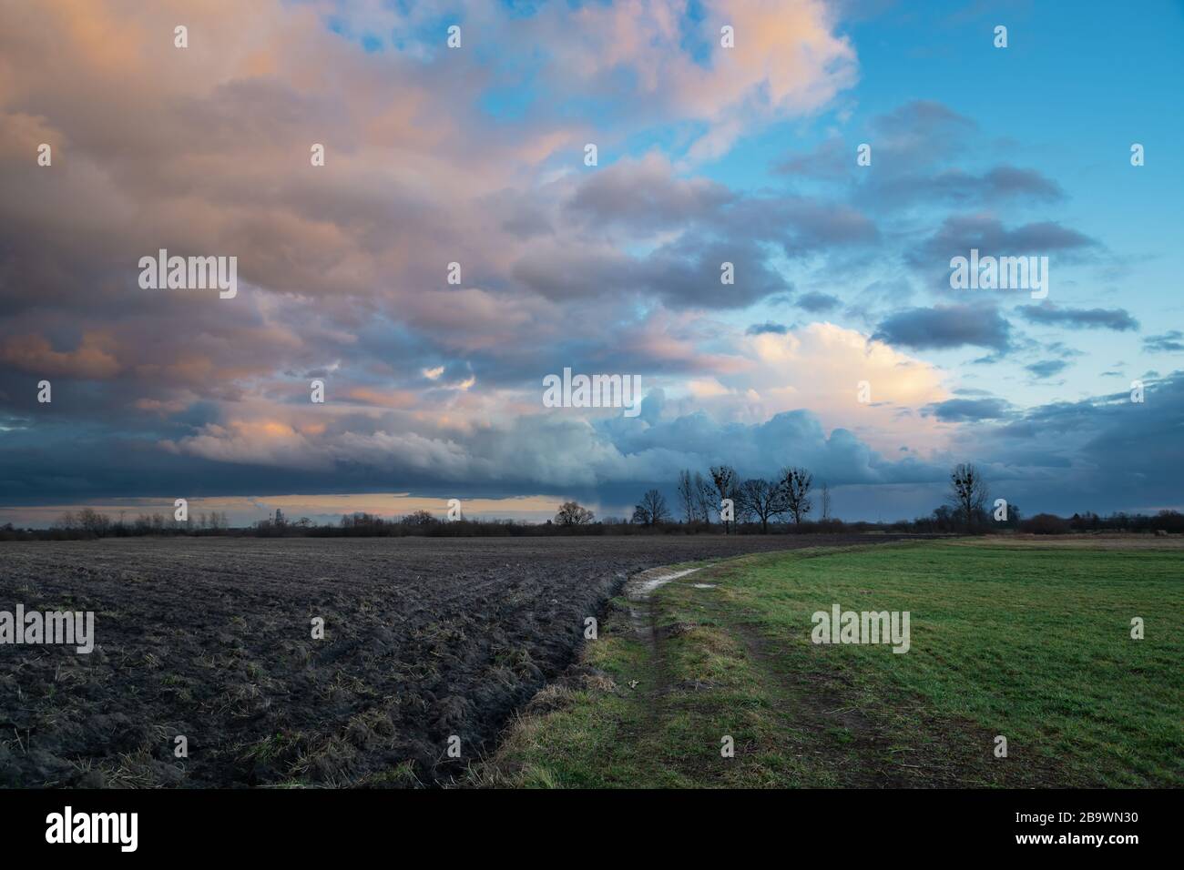 Bunte Wolken über Feldern, Straßen- und Landblick, Abendblick Stockfoto