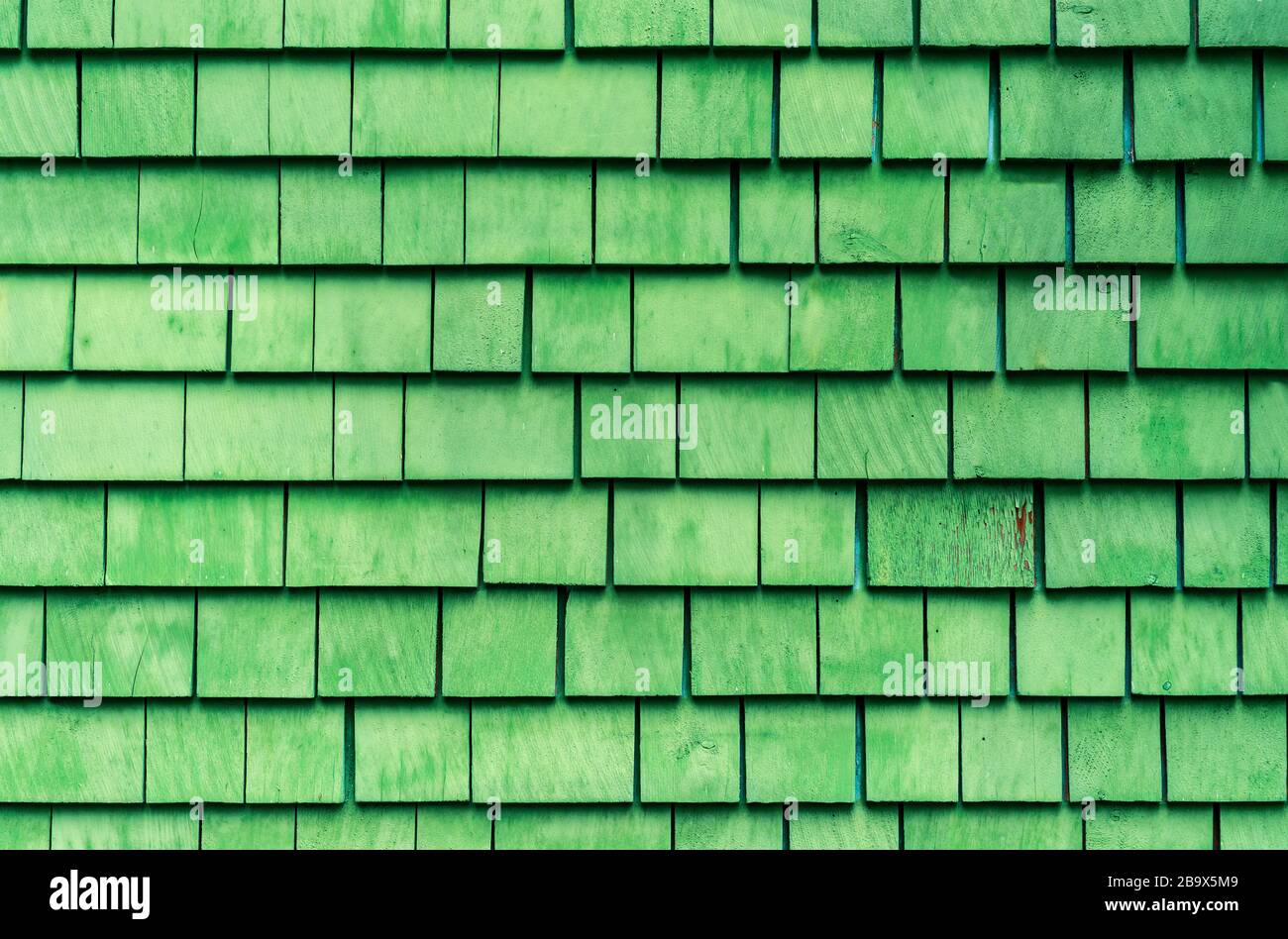 Grüne Holzpaneele in einer traditionellen Stilhausfassade in Telegraph Cove, Vancouver Island, British Columbia, Kanada. Stockfoto