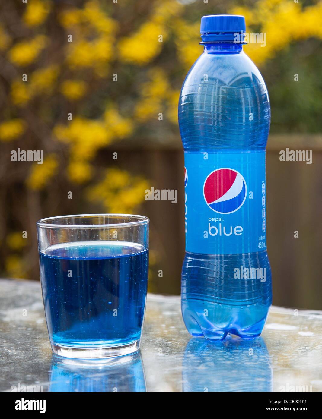 Kleine Flasche Pepsi-Blau mit Glas im Garten in Springtime Stockfoto