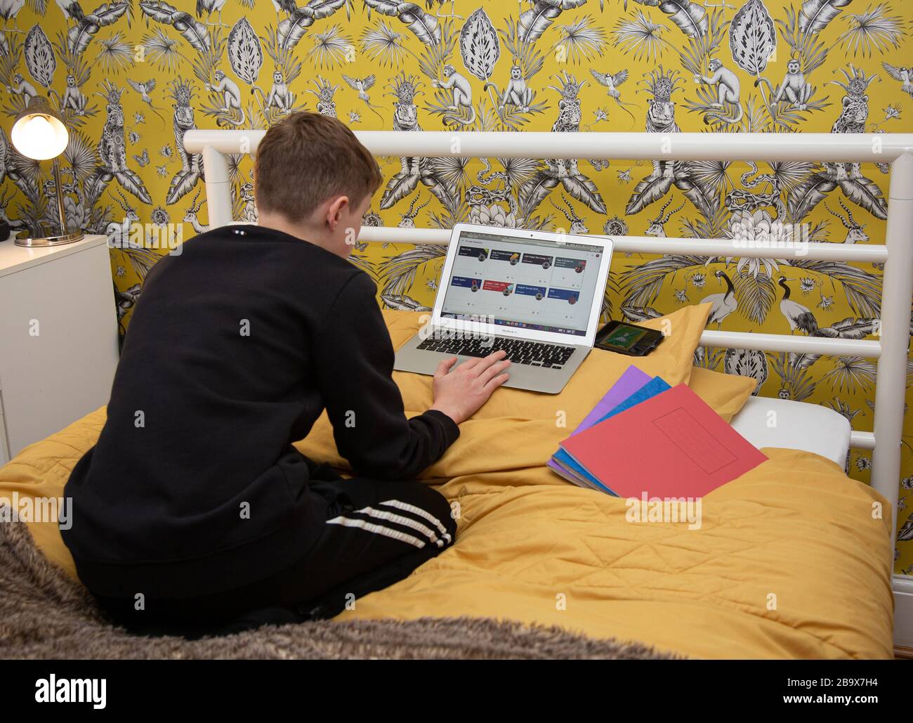 Boy macht die Schularbeit zu Hause aufgrund von COVID19 Stockfoto