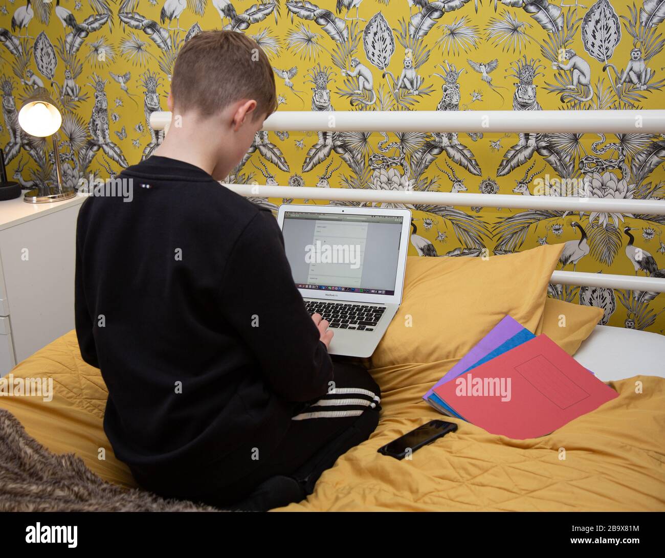 Boy macht die Schularbeit zu Hause aufgrund von COVID19 Stockfoto