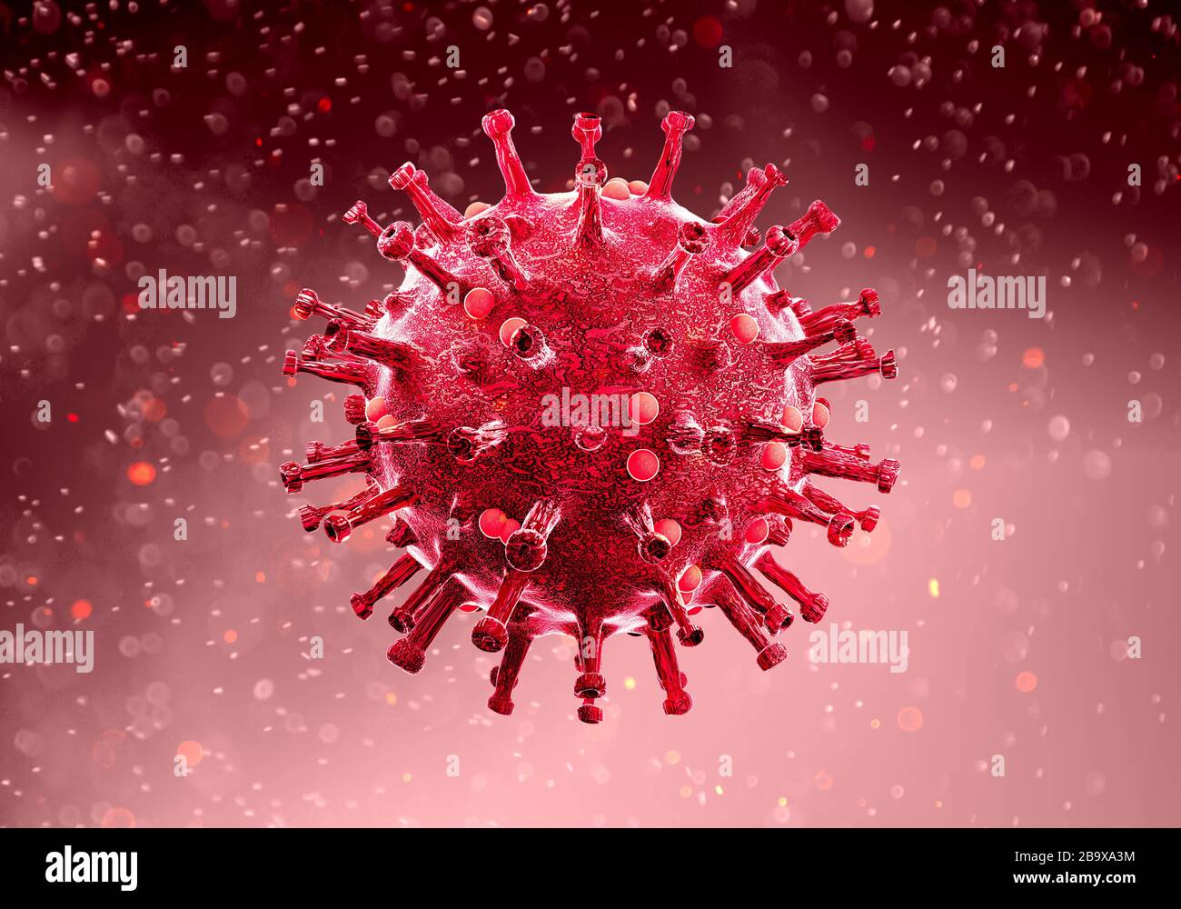 Mikroskopische Sicht auf Coronavirus, einen Erreger, der die Atemwege angreift. Covid-19. Analyse und Test, Experimentieren. Sars Stockfoto