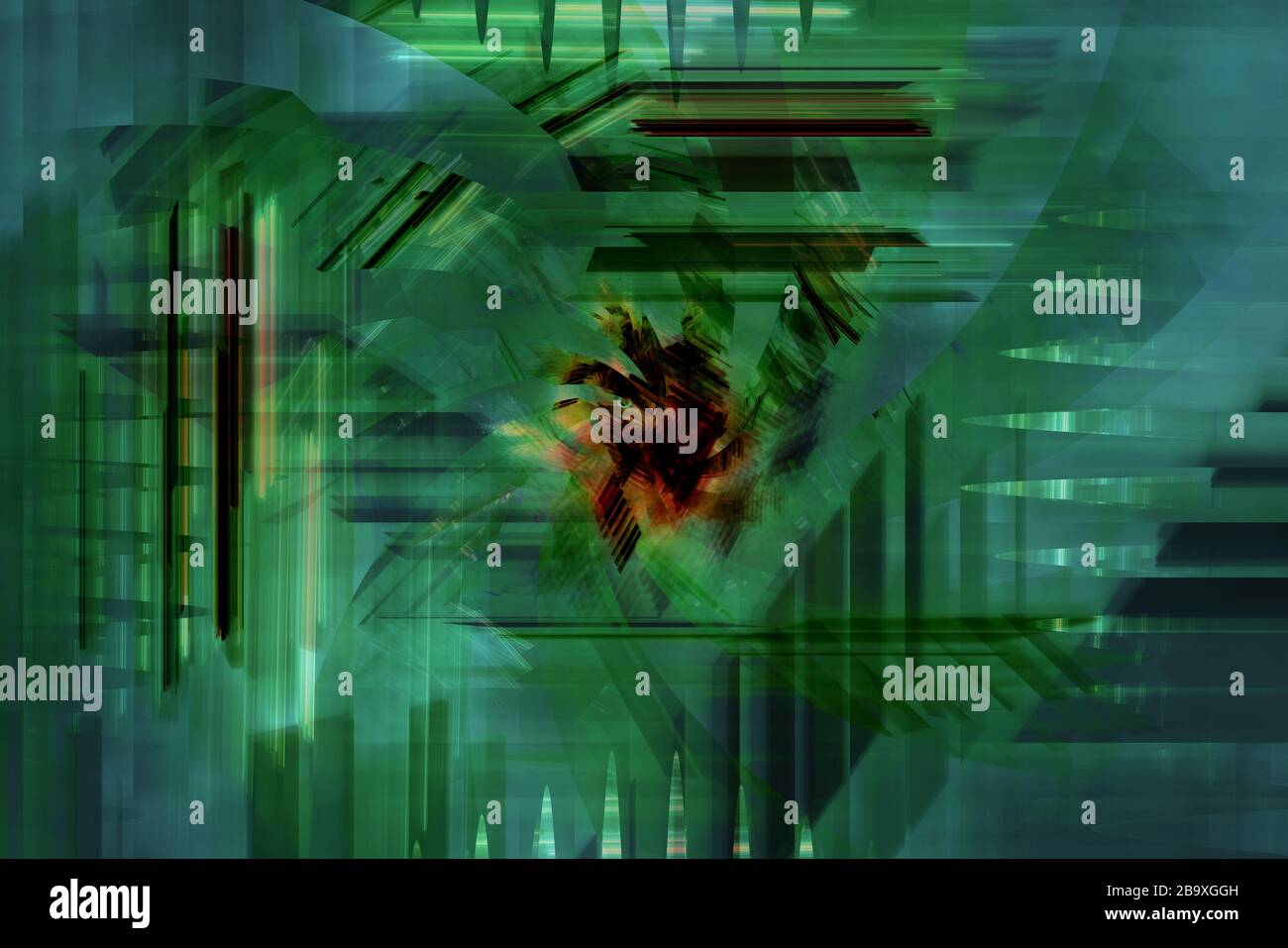 Neon leuchtende Linien und Formen fliegen im Raum. Geometrische Sci-Fi-Struktur. Abstrakt kreativ modernen Hintergrund Stockfoto