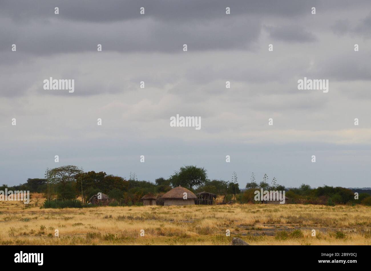 Traditionelles Massai-Dorf in tansanischer Savanne Stockfoto