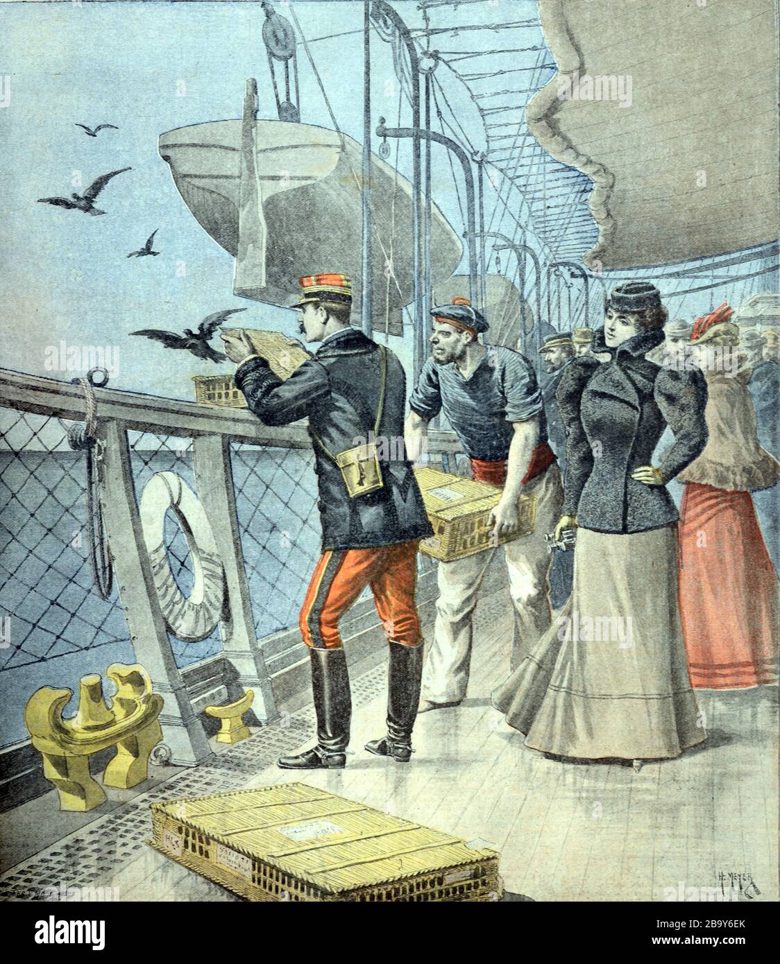 Frühes Experiment mit Brieftauben des französischen Soldaten, der Homing-Tauben vom französischen Schiff aus schickte Alte oder alte Illustration Stockfoto