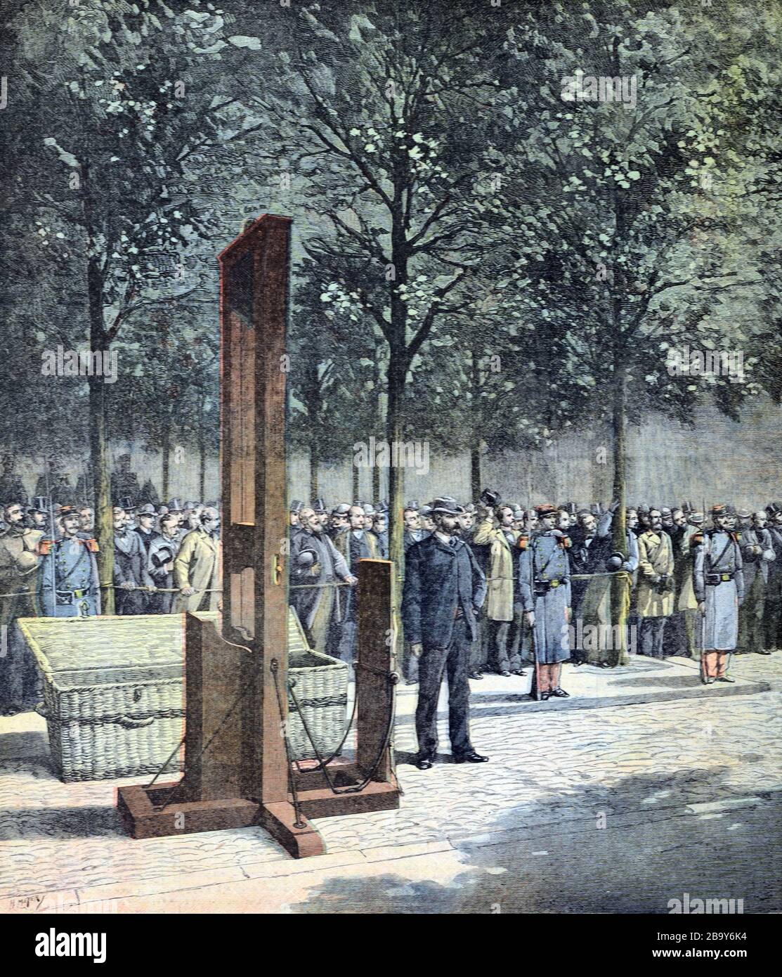 Guillotinexekution der Mörder Doré und Berland außerhalb des Gefängnisses de la Roquette Paris Frankreich im Jahre 1891. Alte oder alte Illustration Stockfoto