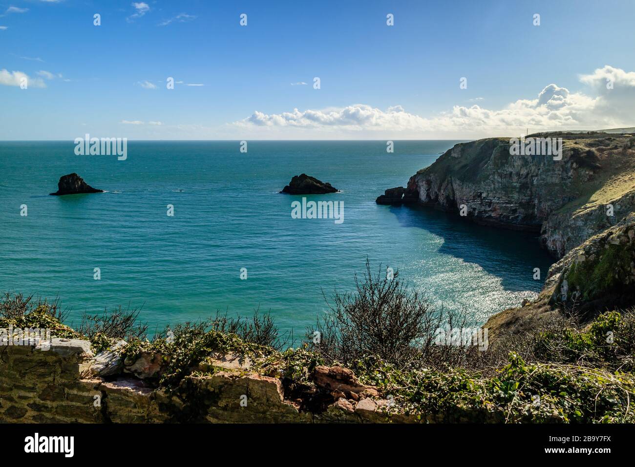 Blick über das Meer zum Horizont vom Berry Head National Nature Reserve, Brixham, Devon, Großbritannien. März 2018. Stockfoto