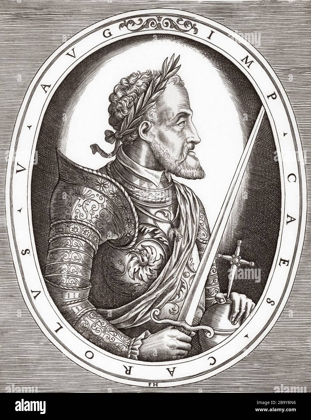 Karl V., 1500-1558. Kaiser des Heiligen römischen Imperiums. Carlos V. König von Spanien als Karl I. Carlos I. nach einem Druck aus dem 16. Jahrhundert von Frans Huys. Stockfoto