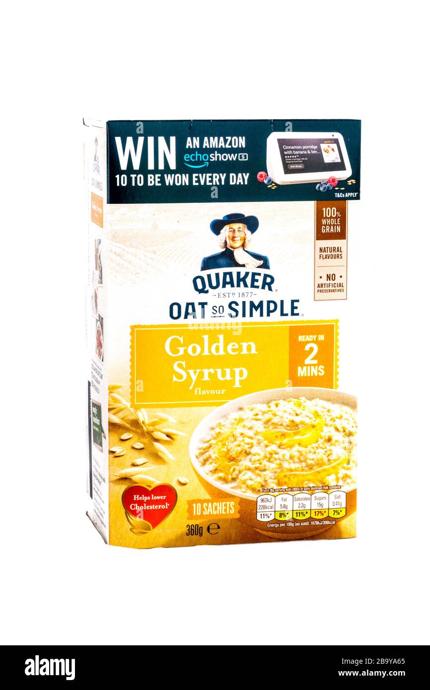 Quäker Hafer so einfach, Quäker Hafer, Quäker Hafer, Hafer, Hafer Müsli und Cornflakes, Müsli und Cornflakes, weißer Hintergrund, Kopierraum, isoliert, Produkt, Produkte, Artikel, Artikel, Stockfoto