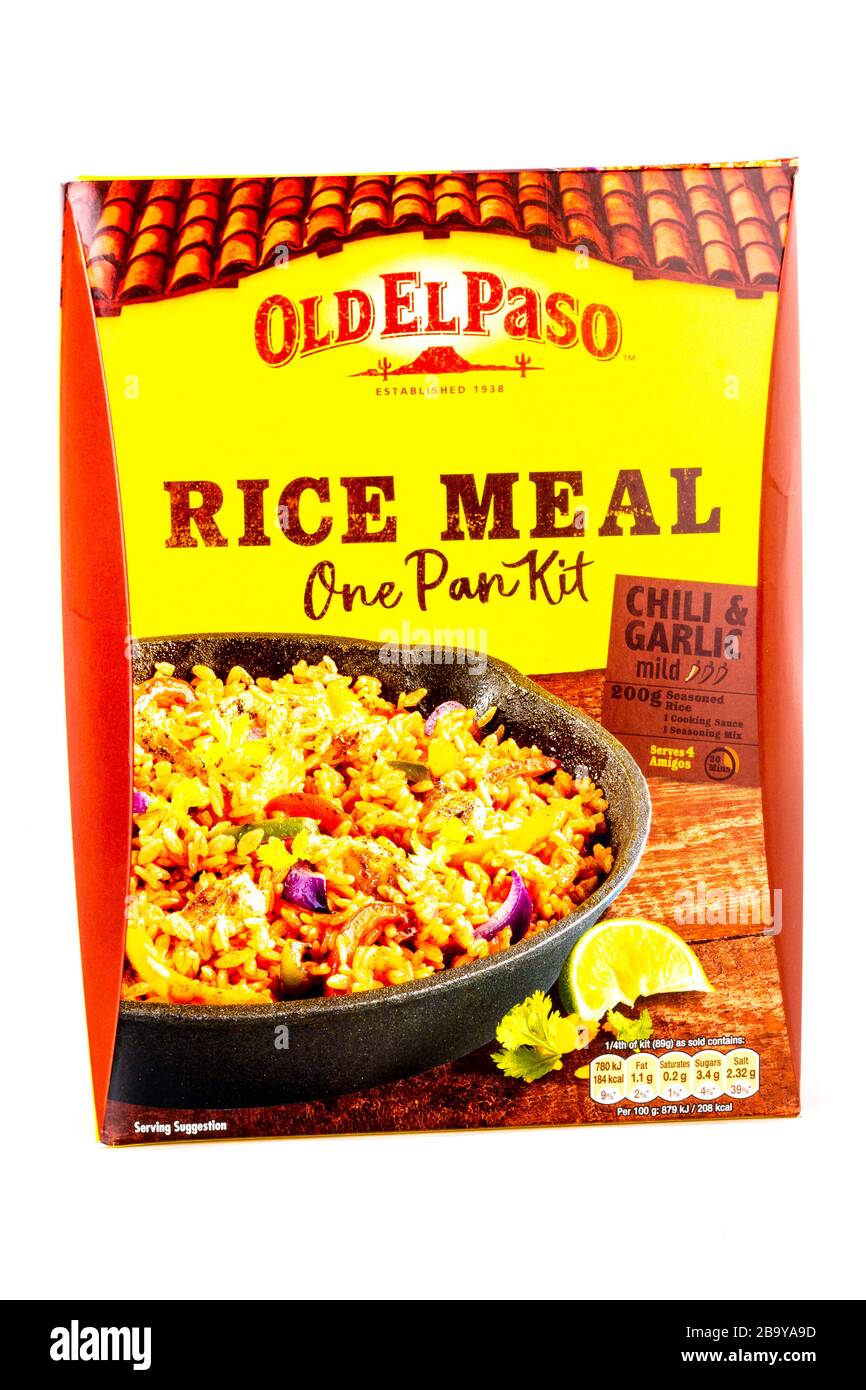 Old El Paso Rice Meal, Reismehl, Old el Paso Kit, White Background, Copy-Space, isoliert, Produkt, Produkte, Artikel, Dinner-Kit, Reis, Mahlzeit, Box, Kit Stockfoto
