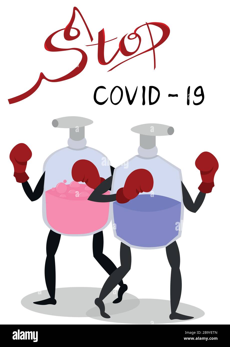 CPVID 19 stoppen. Coronavirus. Postkarte, Informationsbroschüre. Vorbeugende Maßnahmen. Seife und Antiseptikum in Boxhandschuhen. Der Kampf um die Gesundheit. Stock Vektor