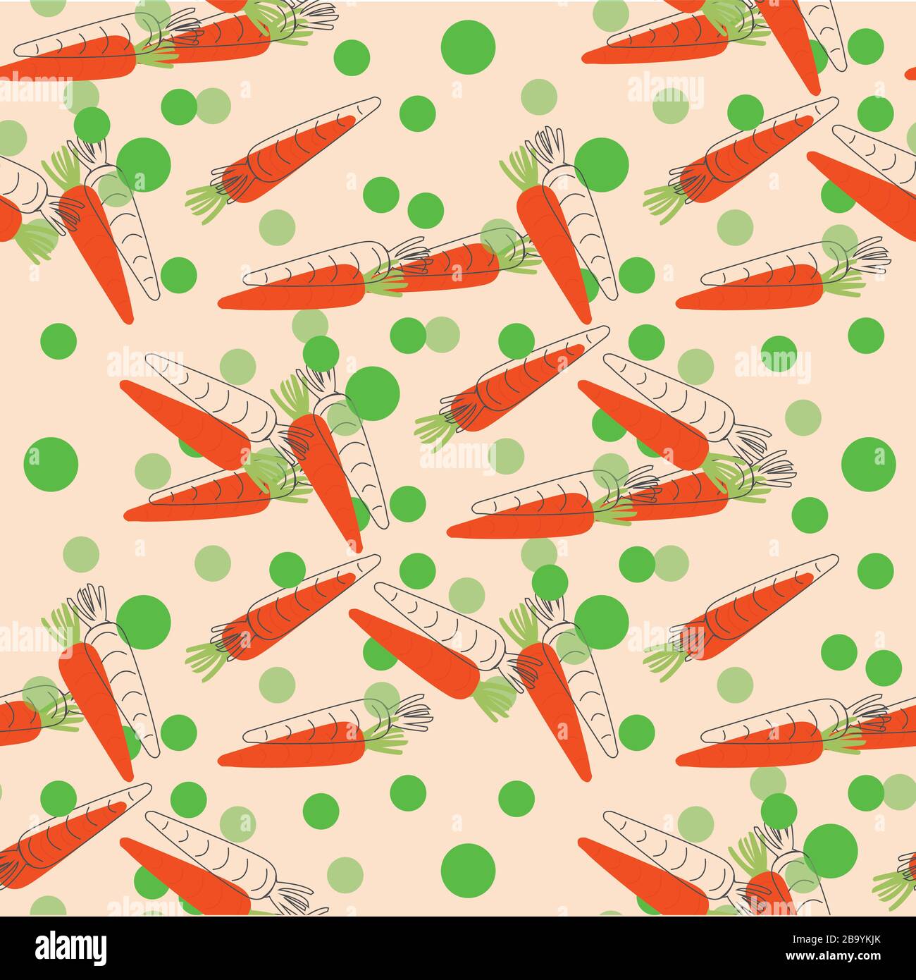 Orangefarbene Karotten mit grünen Blasen. Perfektes Musterdesign für normale Veranstaltungen oder nur für den Osterurlaub. Funktioniert hervorragend für Kinder-Rucksäcke, jede Ostermahlzeit. Stockfoto