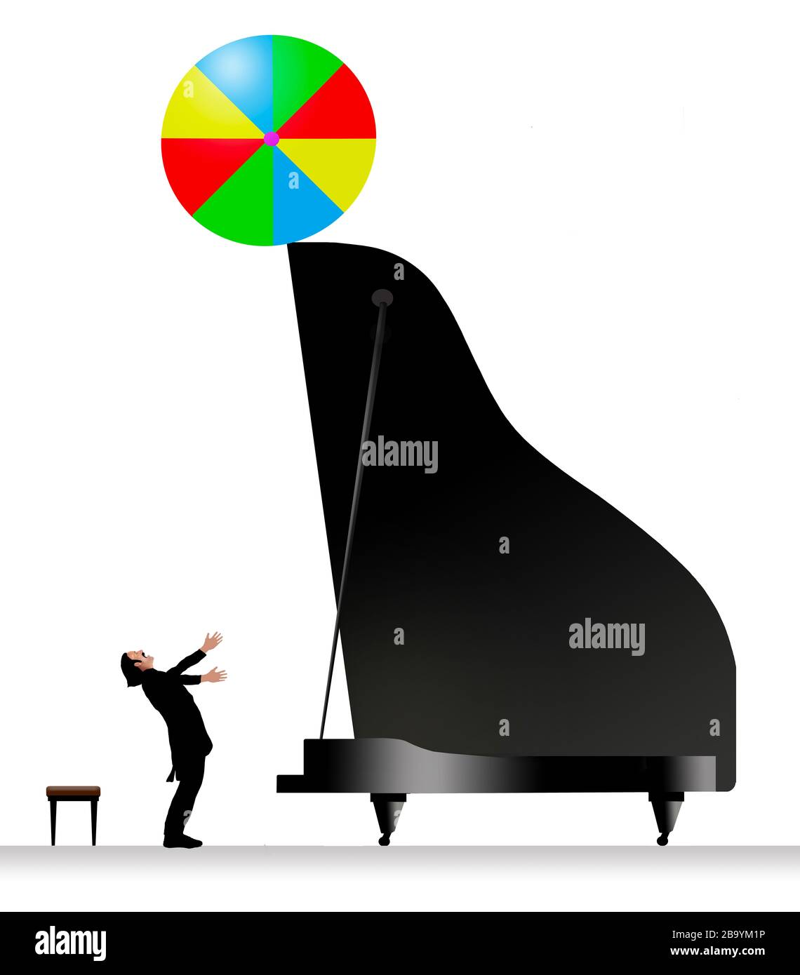 Ein Pianist steht vor einem Flügel, der, mit angehobenem Deckel, den Umriss einer ausgebildeten Robbe oder eines Seelöwen mit einem auf der Nase balancierten Strandball hat Stockfoto Ein Pianist steht vor einem Flügel, der, mit angehobenem Deckel, den Umriss einer ausgebildeten Robbe oder eines Seelöwen mit einem auf der Nase balancierten Strandball hat Stockfoto