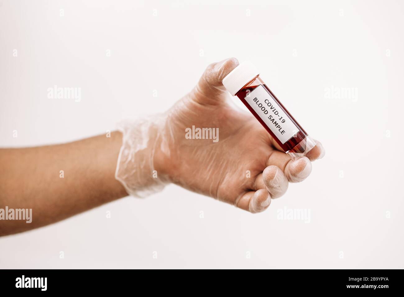 Hand mit Handschuh, der eine mit Kovid 19 infizierte Durchstechflasche mit Blutprobe, medizinisches Konzept und Schutz vor Viren und Bakterien nimmt Stockfoto