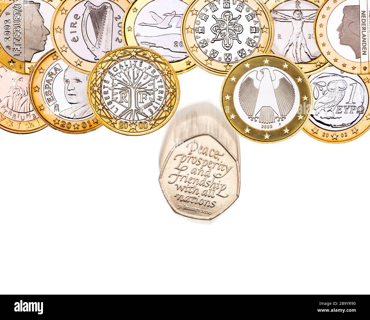 Der britische Brexit 50p fiel aus den Euros der verschiedenen Länder Europas Stockfoto