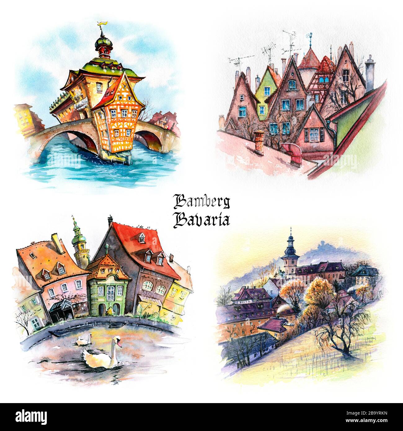 Set von Aquarellreisetageskizzen der Altstadt von Bamberg, Bayern, Süddeutschland Stockfoto