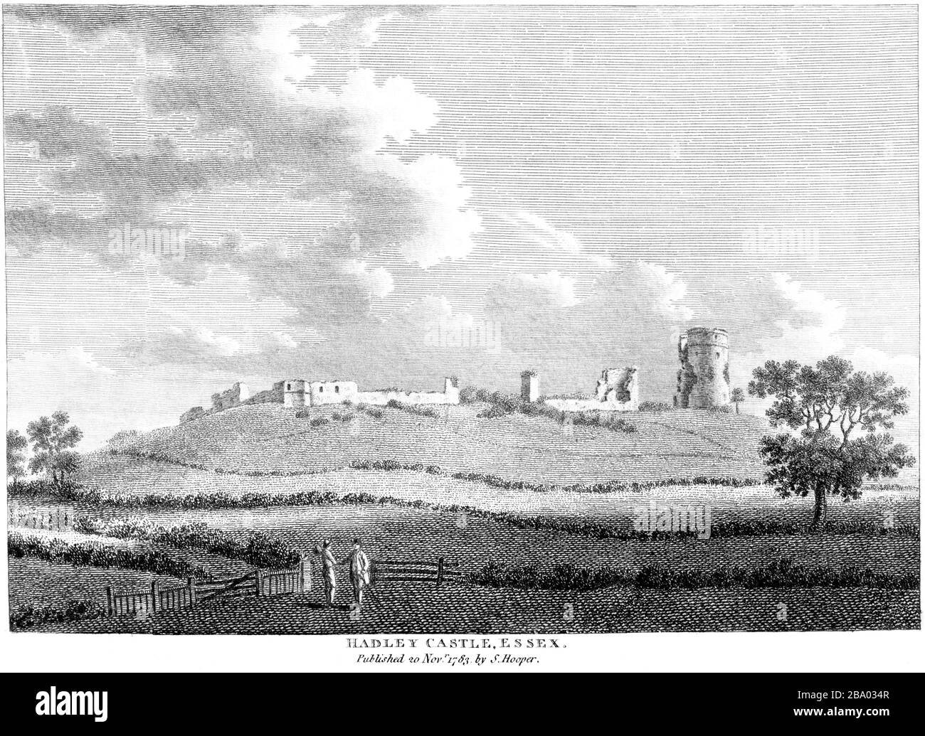 Eine Gravur von Hadley Castle (Hadleigh Castle) Essex 1783, die in hoher Auflösung aus einem Buch gescannt wurde, das um das Jahr 1786 veröffentlicht wurde. Ich glaube, dass das Urheberrecht frei ist. Stockfoto