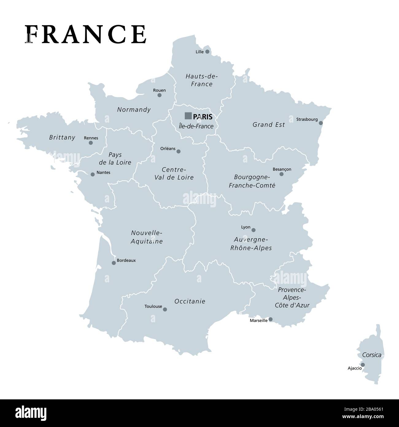 Frankreich, graue politische Karte. Regionen von Metropolitan France. Französische Republik, Hauptstadt Paris, Verwaltungsregionen und Präfektur. Stockfoto