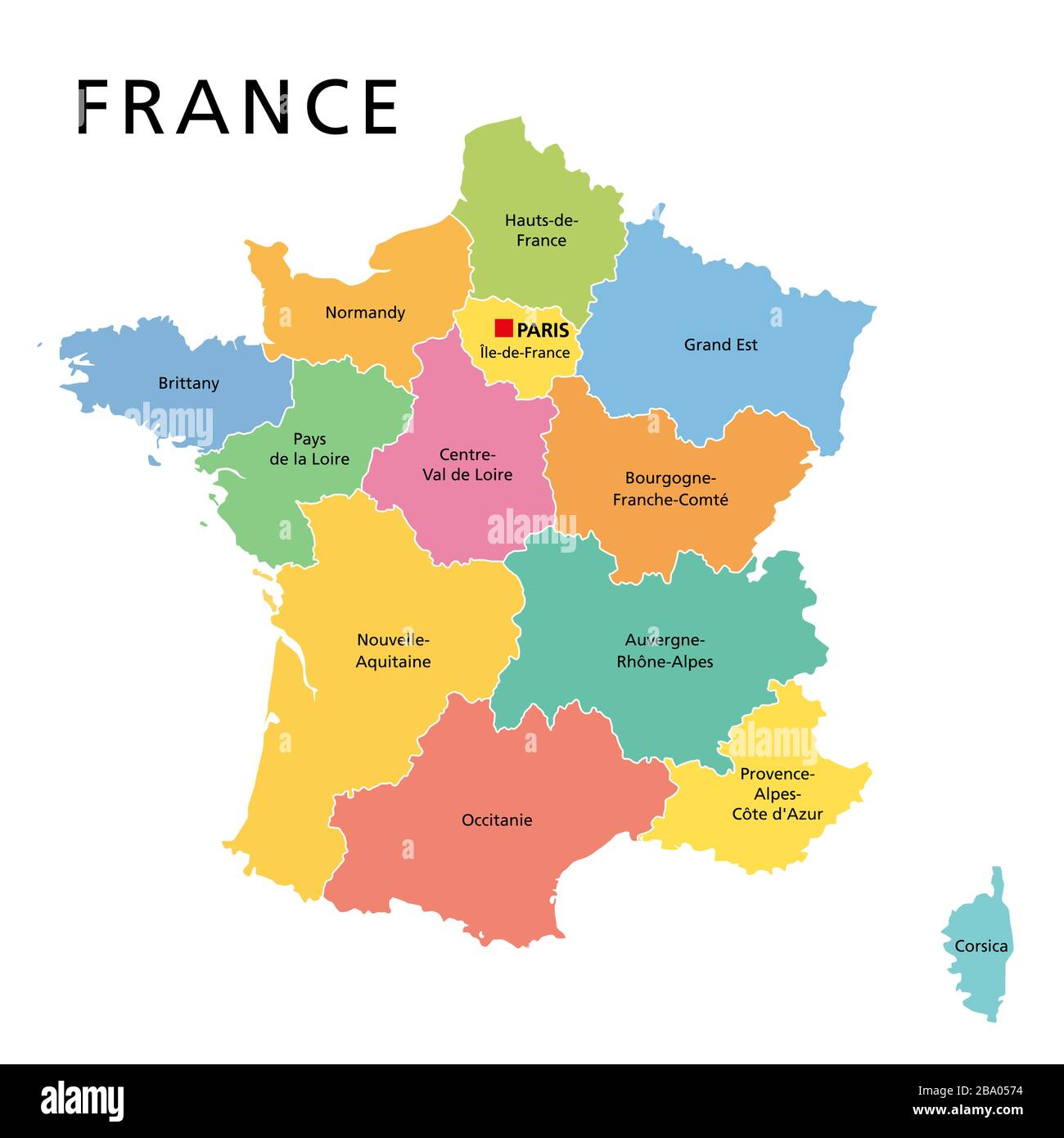 Frankreich, politische Karte mit mehrfarbigen Regionen von Metropolitan France. Französische Republik, Hauptstadt Paris, Verwaltungsregionen und Präfektur. Stockfoto