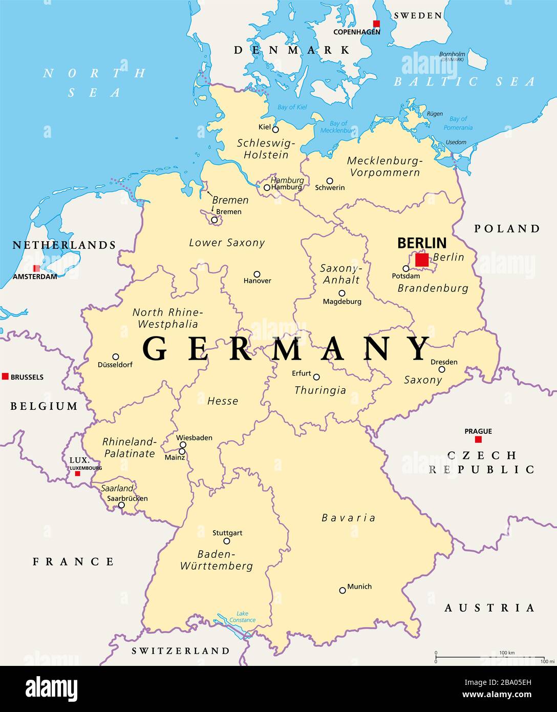 Deutschland, politische Karte. Staaten der Bundesrepublik Deutschland mit der Hauptstadt Berlin und 16 teils souveränen Staaten. Land in Europa. Stockfoto