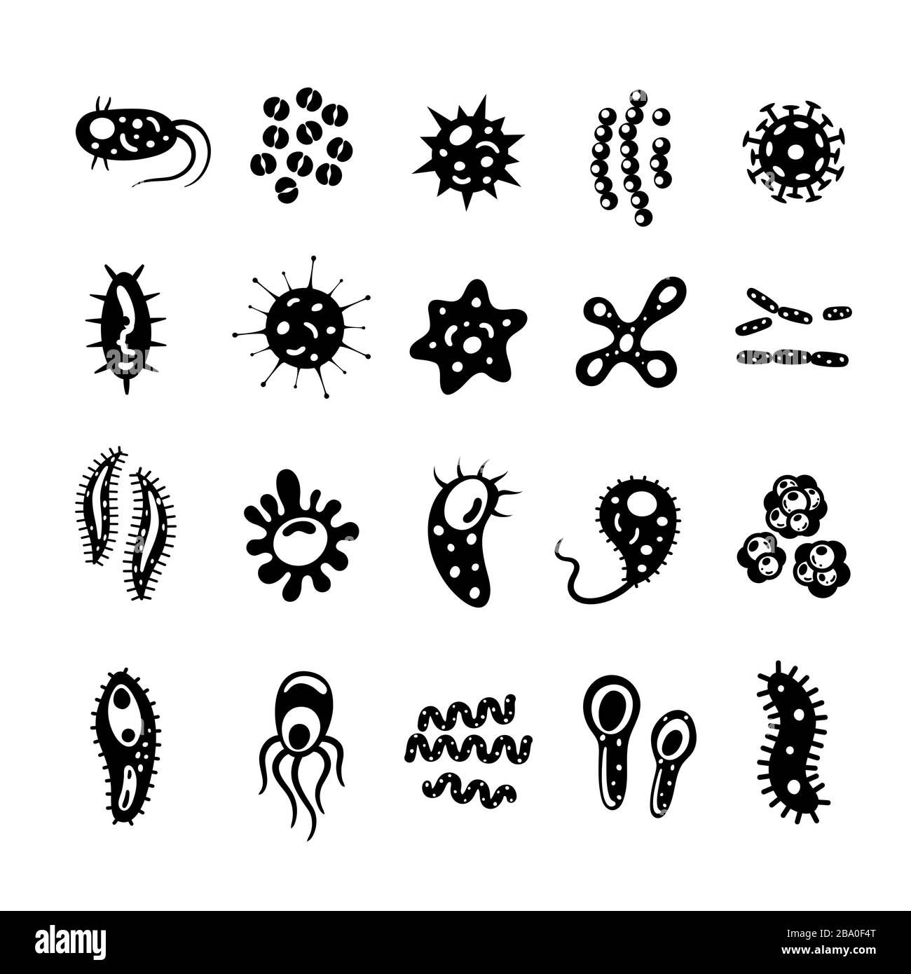 Bakterien und Viren sammeln sich in flacher Form, Mikroorganismen, die krankheitsverursachende Objekte verursachen. Verschiedene Arten, Bakterien, Viren, Coronavirus, Infusorium Stock Vektor