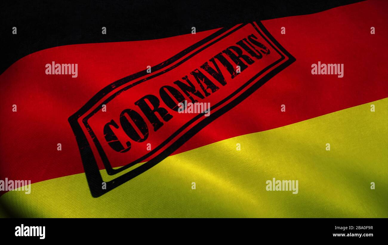 CORONAVIRUS-STEMPEL auf der Nationalflaggen Deutschlands. Coronavirus Konzept. 3D-Abbildung. Stockfoto