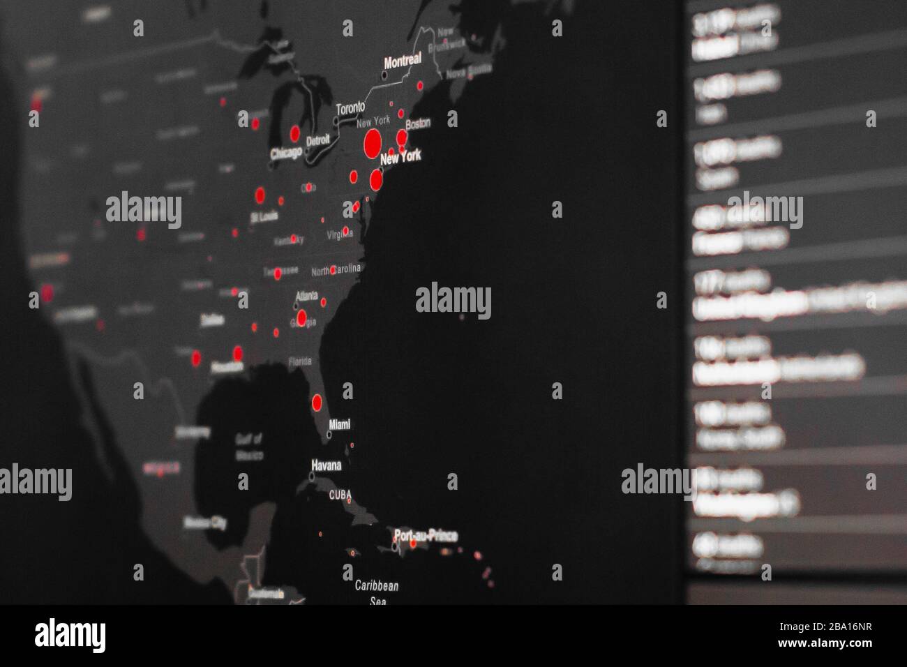 USA Karte von Coronavirus, SARS-COV-2. Bestätigte Fälle von Coronavirus-Erkrankungen in New York weltweit. Berichte weltweit über COVID-19 Stockfoto