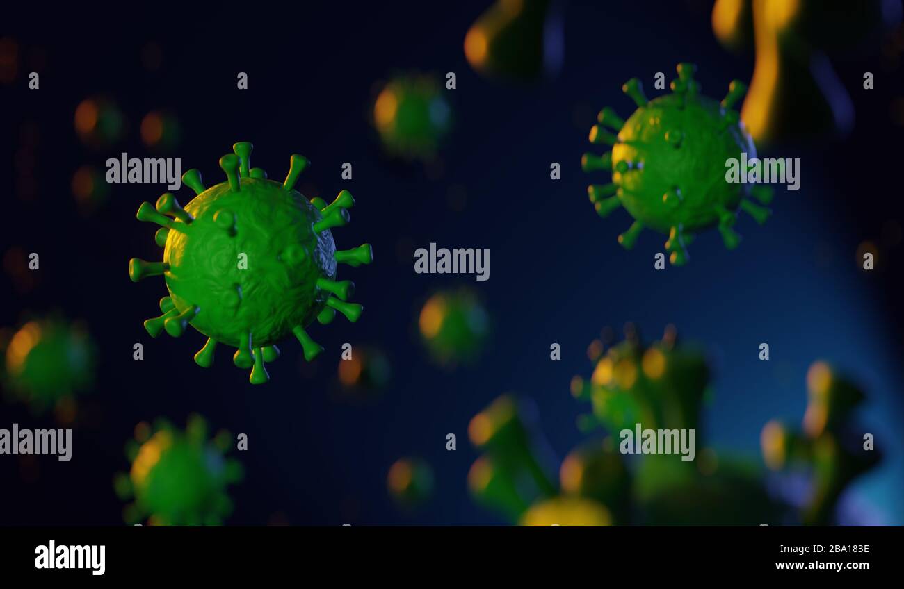 Coronavirus schwimmt in flüssigkeitsmikroskopischer Ansicht, einem Konzept für Pandemie oder Virusinfektion in 3D Stockfoto