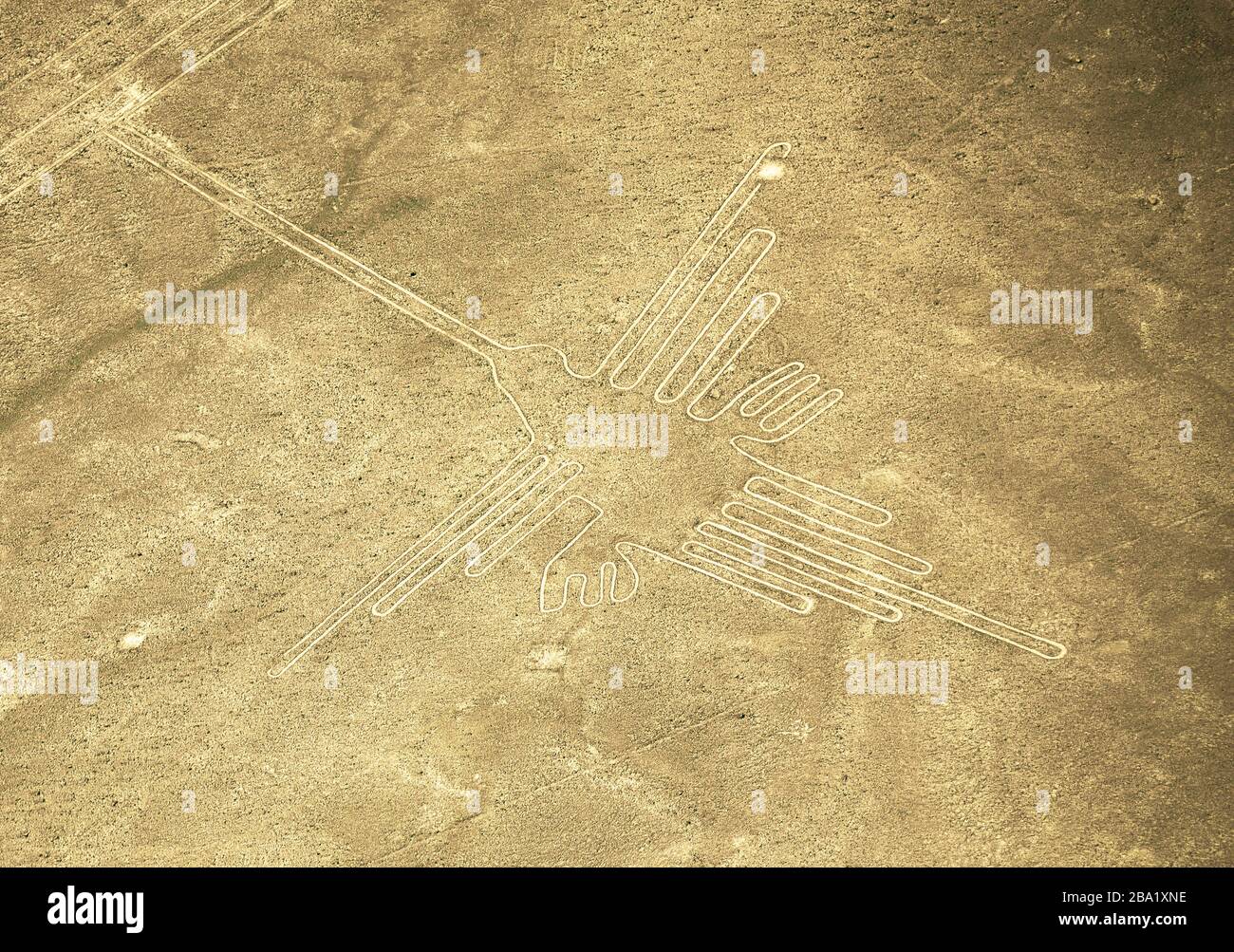 Der Kolibris, einer der berühmtesten Figuren der Nazca Lines in der Wüste von Nazca, Peru, Südamerika. Stockfoto