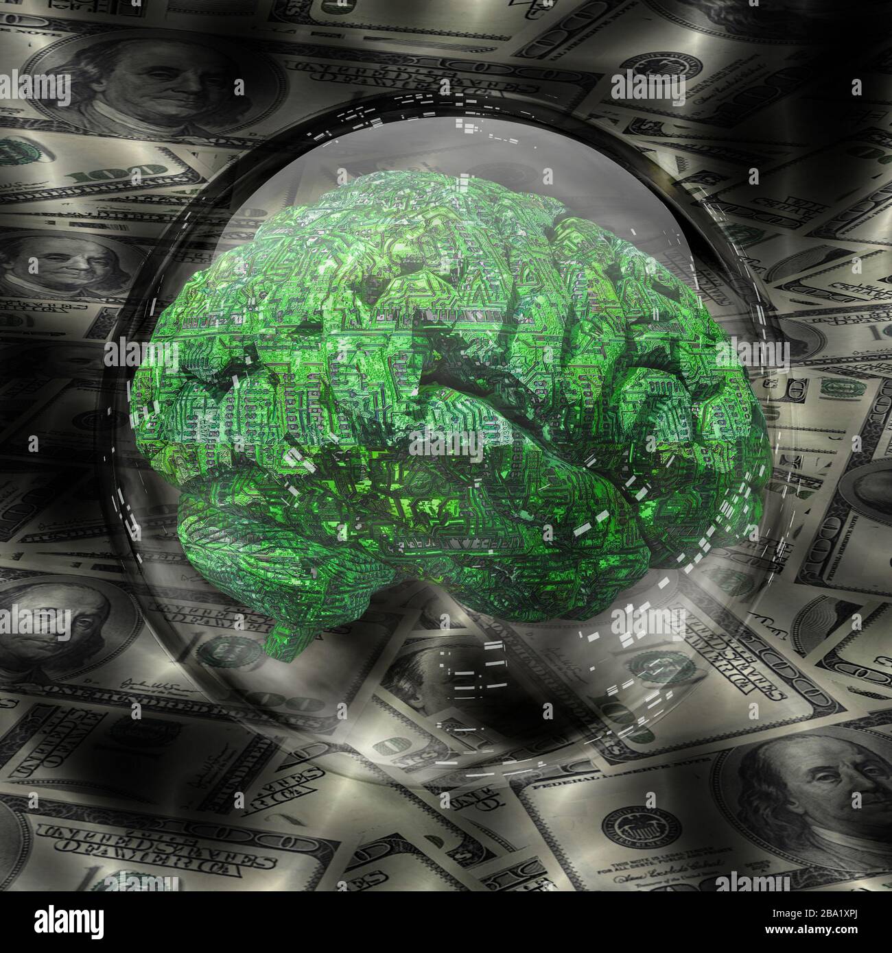 Elektronisches Gehirn in Kristallkugel. US-Dollar Hintergrund Stockfoto