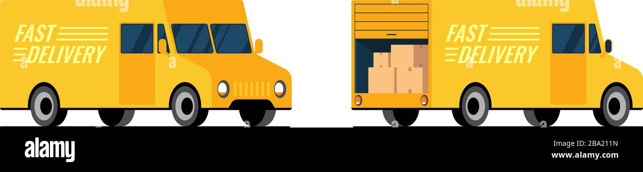 Schnelle Lieferung, gelbe Fahrzeugseite, Vorder- und Rückansicht eingestellt. Express Shipping Service van Konzept. Isometrische isolierte 3D-Darstellung mit flachem Vektor Stock Vektor