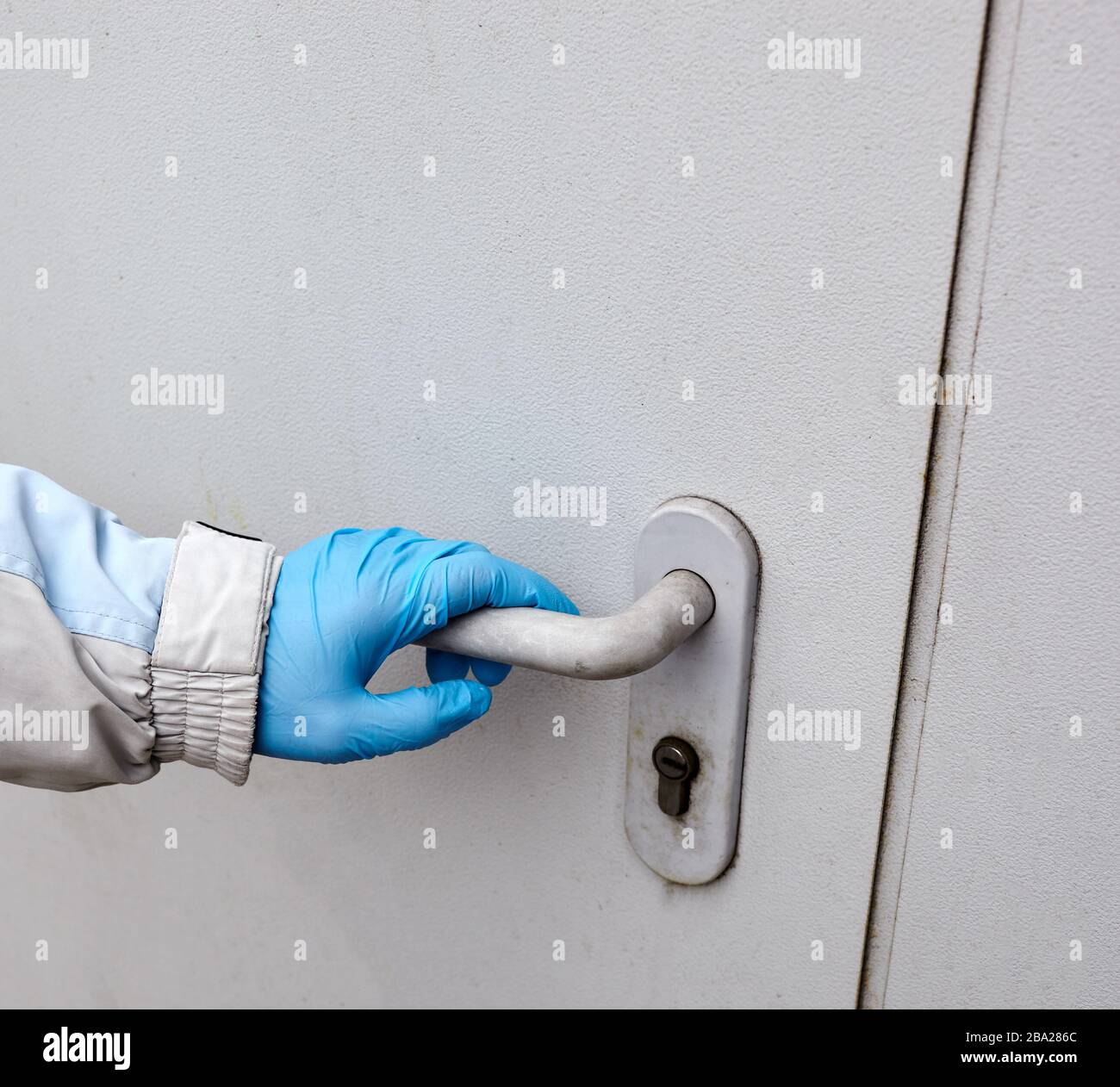 Die Hände der Frau öffnen die Tür mit blauen Handschuhen aus medizinischem Latex, um sich vor Coronavirus zu schützen.Schutz vor Coronavirus und Infektionen. Stockfoto
