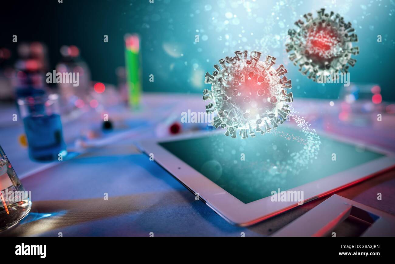 Medizinwissenschaftliches Labor. Konzept der Virus- und Bakterienforschung mit Technologie, Tablet und Software Stockfoto