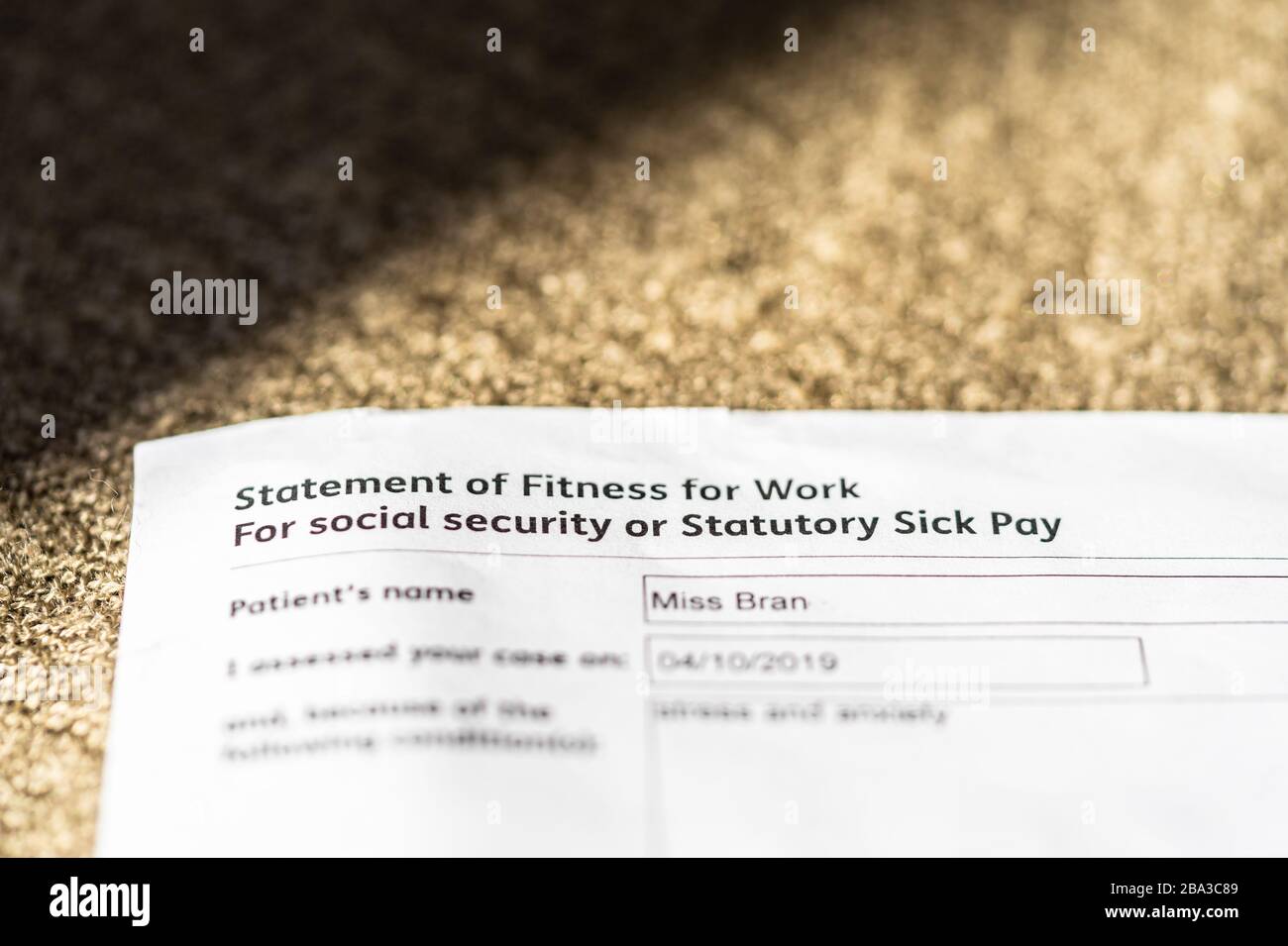 Statement of Fitness for Work for Social Security / Statutory Sick Pay, England, Großbritannien Stockfoto
