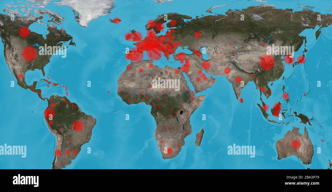 COVID-19 Coronavirus Pandemie in der Welt, Planet Map bestätigte Fälle Bericht. Globale Quarantäne aufgrund des Ausbruchs des Corona-Virus und der tödlichen COVID-Krankheit. El Stockfoto