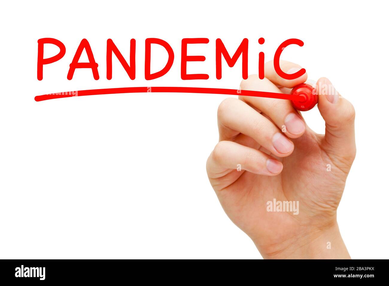 Schreiben Sie das Wort Pandemie mit roter Markierung auf transparentem Wischbrett. Stockfoto