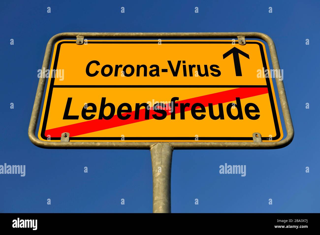 Digital Composing, Symbolbild, Ortsnamenschild, Lebenslust, Coronavirus, Sars-CoV-2, Covid-19, Deutschland Stockfoto