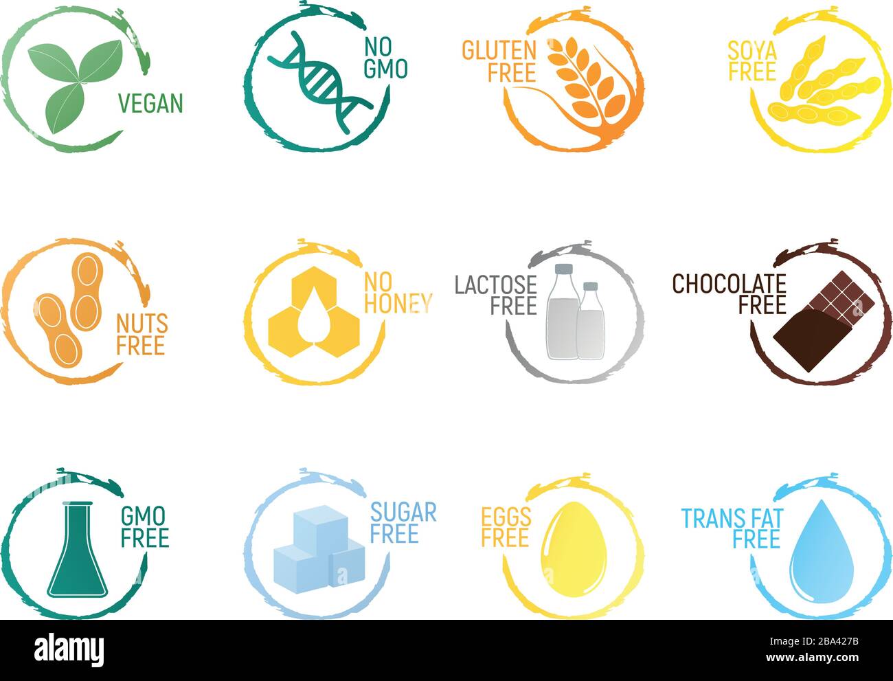 Set aus allergen Lebensmitteln, gentechnikfreien Produkten, Symbol und Logo. Intoleranz und Allergienahrung. Concept Cartoon Vector Illustration und isolierte Kunst Stock Vektor