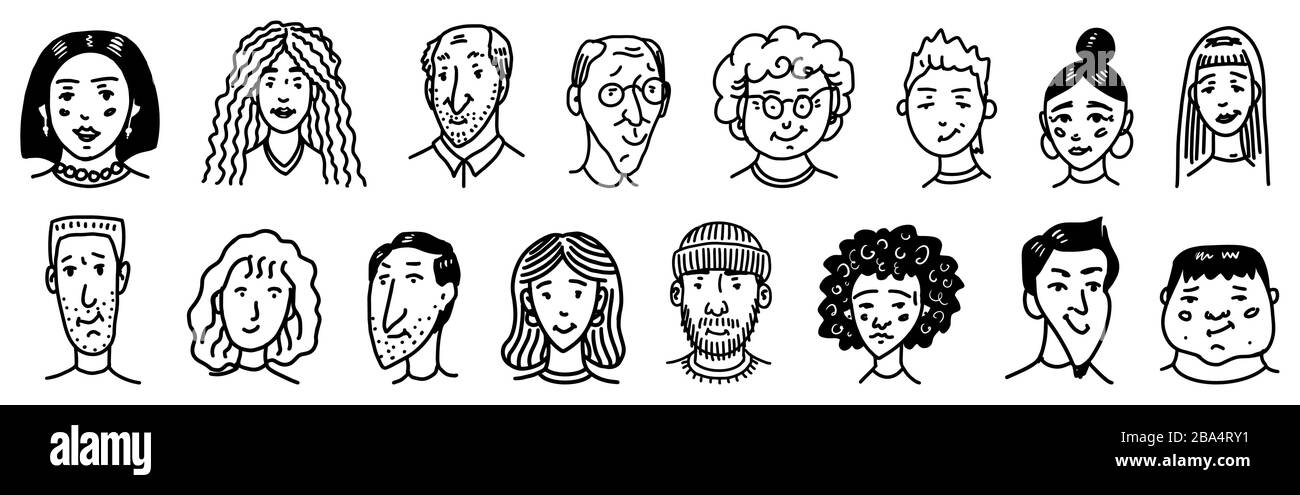Verschiedene Gesichter von Menschen. Human Avatars Collection. Alt und jung. Glückliche Emotionen. Porträt mit positivem Gesichtsausdruck. Männer und Frauen Stock Vektor