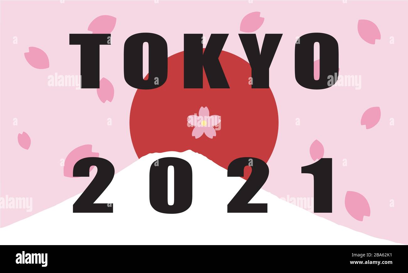 Text von Tokio 2021 mit roter Sonne und Fuji im Hintergrund Stock Vektor